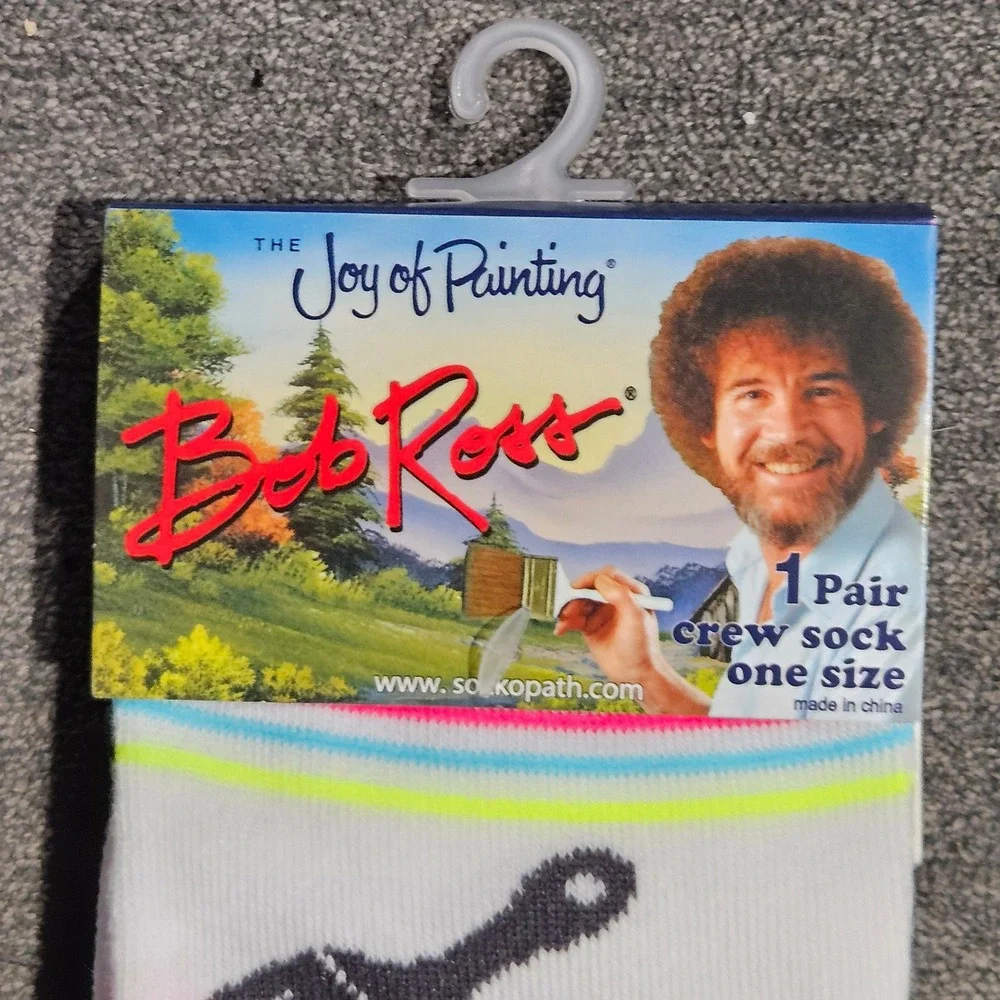 Bob Ross The Joy of Painting Crew Socks White Graphic Art Novelty One‎ Size NEW